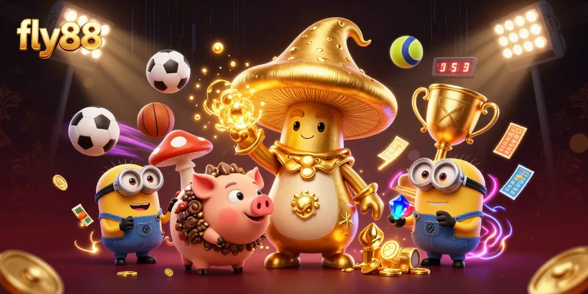 Experience dynamic play with fly88 as the golden wizard channels magic, surrounded by sports elements.