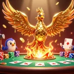 Experience exciting gameplay at Pe888 with a vibrant phoenix and poker elements in a thrilling casino scene.