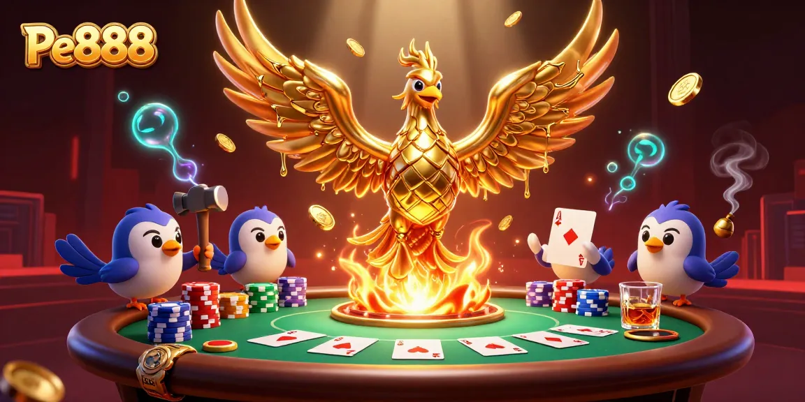Experience exciting gameplay at Pe888 with a vibrant phoenix and poker elements in a thrilling casino scene.