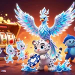 55 club casino scene featuring vibrant ice phoenix, playful snow leopard cub, and lively ice sprites.