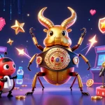 Experience the vibrant gaming world with kkwin featuring a golden stag beetle champion amidst arcade excitement.