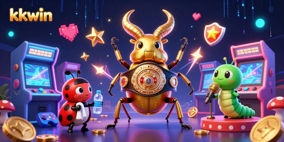 Experience the vibrant gaming world with kkwin featuring a golden stag beetle champion amidst arcade excitement.