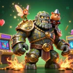 Experience the excitement of 9bet with a magical illustration featuring a golem and a brave hamster knight.
