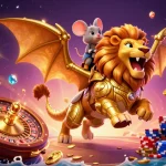 Experience the thrill of 28bet8 with a vibrant 3D casino scene featuring gold coins, cards, and a roaring chimera.