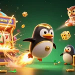 Experience the excitement of bầu cua with a golden penguin and vibrant casino elements.