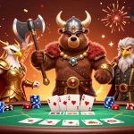 Engage in a thrilling scene with 33winn where a Viking bear and Valkyrie eagle celebrate around a poker table filled with excitement.