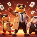S8 online casino with three cartoon raptors in disguise, entering a VIP lounge full of festive elements.