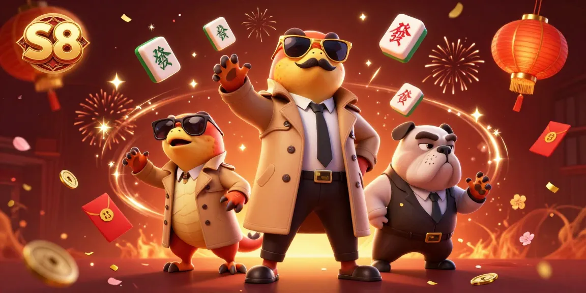 S8 online casino with three cartoon raptors in disguise, entering a VIP lounge full of festive elements.