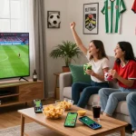 Cheering friends enjoying a football match, شاهد البث هنا for live game excitement in a vibrant living room setting.