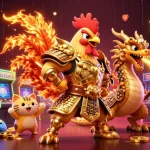 SOCOLIVE brings excitement as a fighting rooster warrior and dragon hatchling face off in a vibrant casino scene.