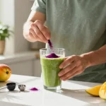 Camu camu powder used in smoothie preparation with fresh fruits and bright kitchen backdrop