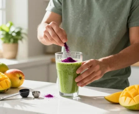 Camu camu powder used in smoothie preparation with fresh fruits and bright kitchen backdrop