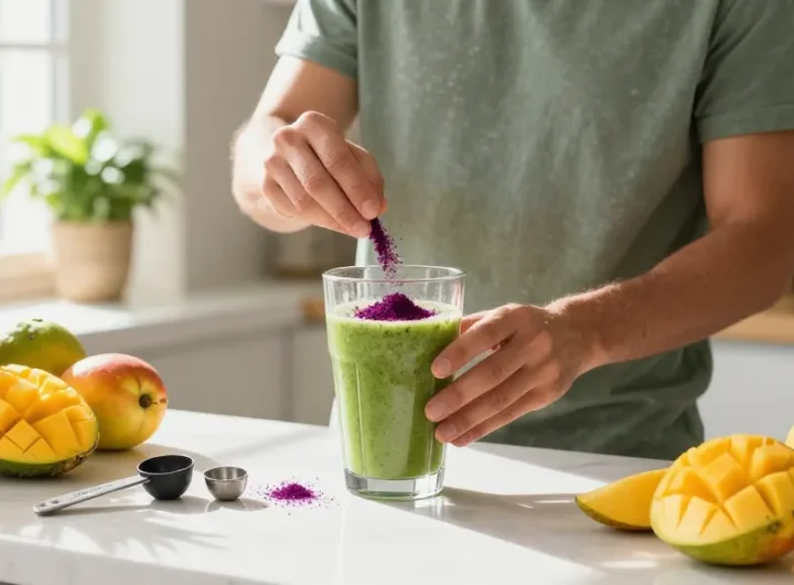 Camu camu powder used in smoothie preparation with fresh fruits and bright kitchen backdrop