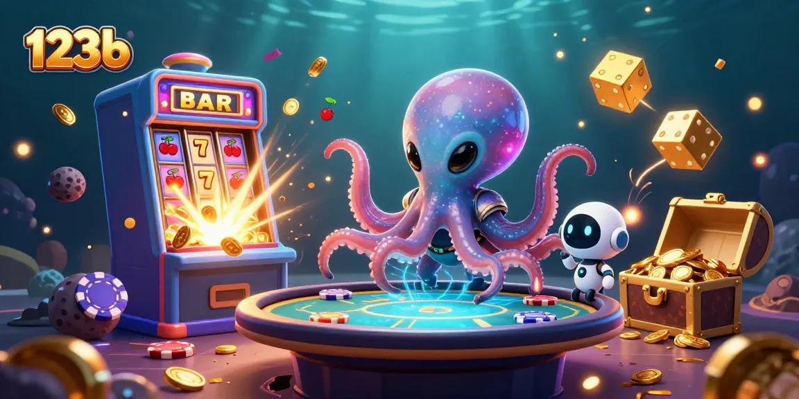 Experience thrilling gameplay at 123b with a vibrant illustration of an alien octopus at a holographic poker table.