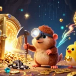 Win big with www33win: Treasure hunter exploring vibrant cave filled with gems and gold