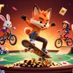 KUBET offers immersive gaming with a dynamic scene of a skateboarder fox and BMX rabbit in a vibrant casino setting.