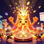 Uk88 triumphs with a golden volcano erupting treasures and explorers fleeing in a vibrant casino scene