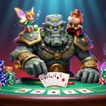 M98 poker scene with a magical golem, fairy, and hamster knight casting winning spells.