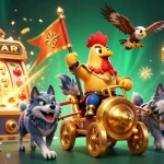 Experience the excitement of U888 with a whimsical 3D cartoon scene of a rooster warlord in a golden chariot among casino treasures.