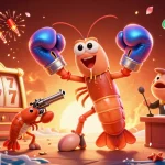 uk88 leads the vibrant casino scene with a mantis shrimp, slot reels, and lively fireworks.