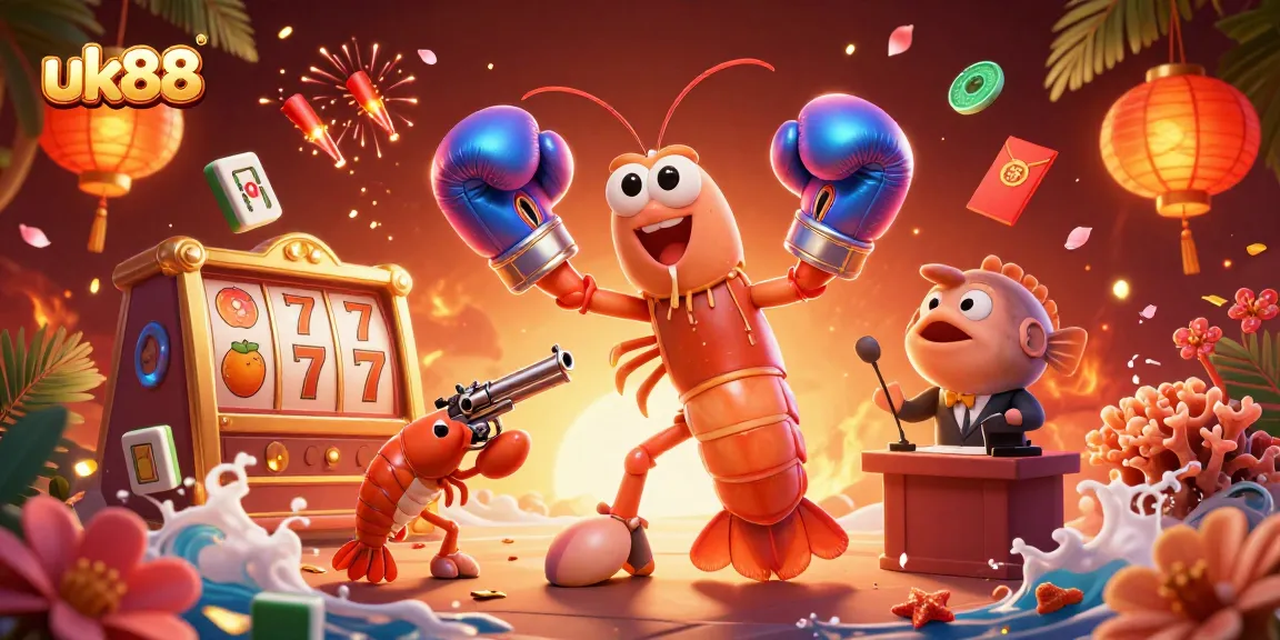 uk88 leads the vibrant casino scene with a mantis shrimp, slot reels, and lively fireworks.