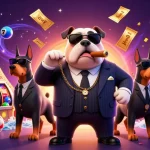 Win big with JW88 as the cartoon mafia bulldog leads the casino scene, surrounded by vibrant slot elements.