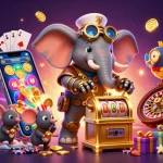 Experience the thrill at nh88az with a steampunk elephant operating a golden slot machine in an enchanting 3D scene.