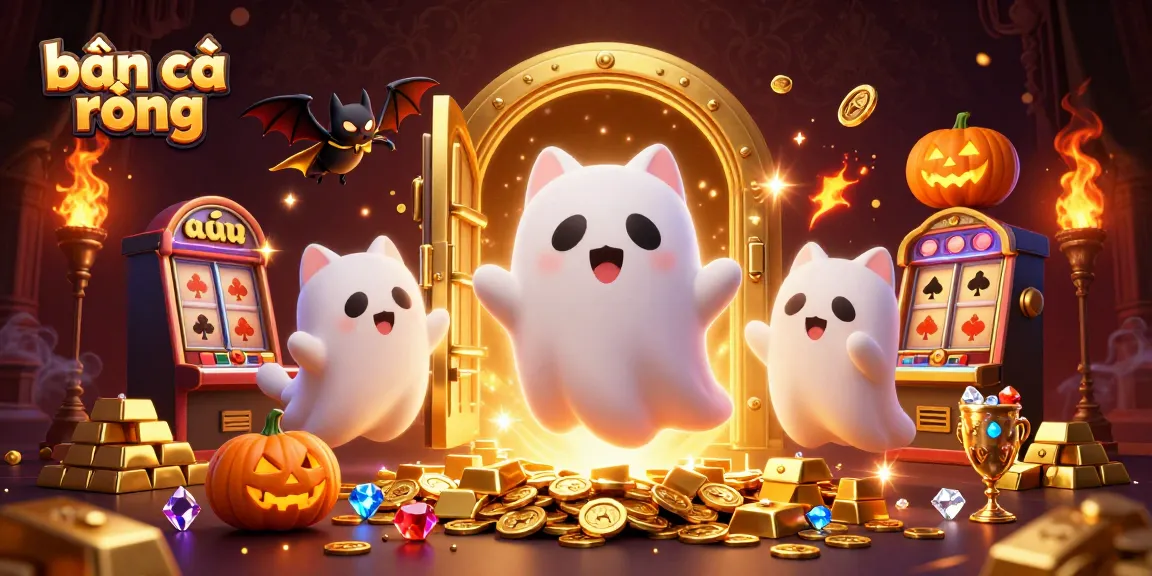 Engage in bắn cá rồng with a vibrant 3D scene of a ghost cat and treasure-filled casino.