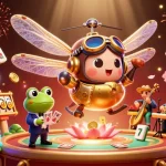 Engage with 888TOP in a vibrant casino scene featuring a dragonfly pilot, frog croupier, and jazz musicians.