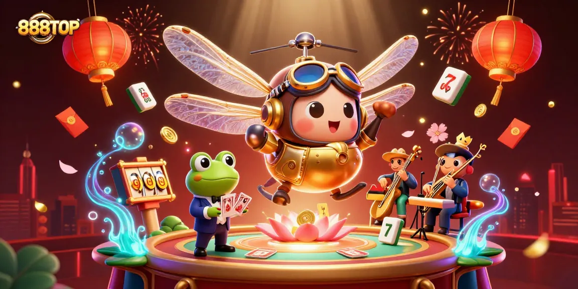 Engage with 888TOP in a vibrant casino scene featuring a dragonfly pilot, frog croupier, and jazz musicians.