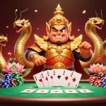 Lixi88 captivates with thrilling poker action, featuring a golden armored guardian and vibrant chips.
