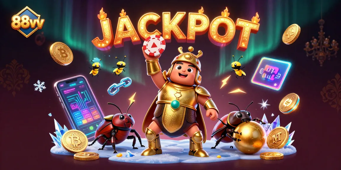 88vv showcases a victorious beetle lifting a poker chip amidst a colorful casino scene.