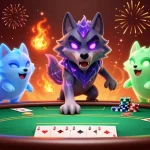 Join the thrilling gaming experience at MAN88, featuring ghostly wolves amidst a vibrant poker scene.