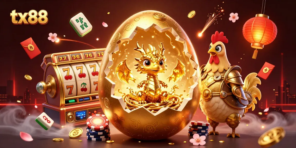 Engage with tx88’s golden dragon on poker chips amidst vibrant casino elements.