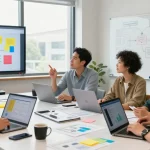 Build internal tools with AI: Team collaboration in a modern workspace, showcasing brainstorming and tool development.