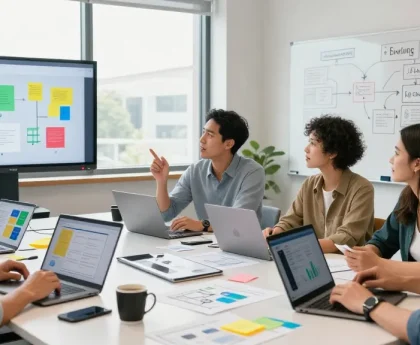 Build internal tools with AI: Team collaboration in a modern workspace, showcasing brainstorming and tool development.