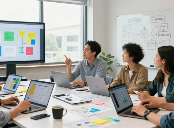Build internal tools with AI: Team collaboration in a modern workspace, showcasing brainstorming and tool development.