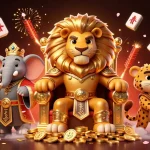 Engage with exciting games at sky88 featuring a majestic lion king and vibrant casino elements.