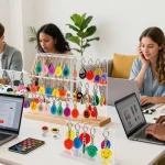 Custom keychains displayed in an inviting e-commerce retail space, showcasing diverse styles and vibrant colours.