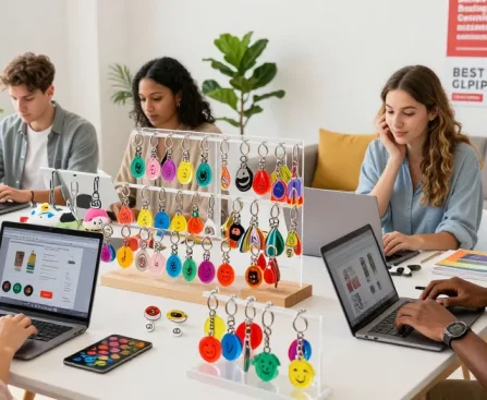 Custom keychains displayed in an inviting e-commerce retail space, showcasing diverse styles and vibrant colours.