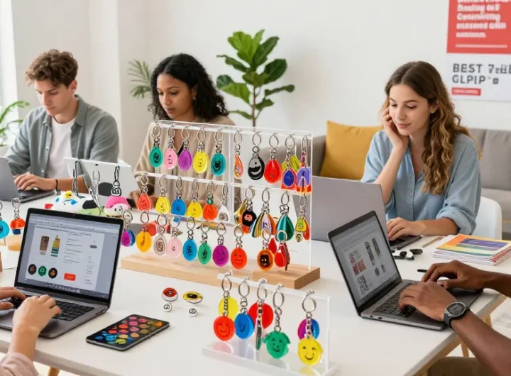 Custom keychains displayed in an inviting e-commerce retail space, showcasing diverse styles and vibrant colours.