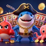 Engage in exciting casino adventures with LU88, featuring lively characters, slot reels, and crypto coins.