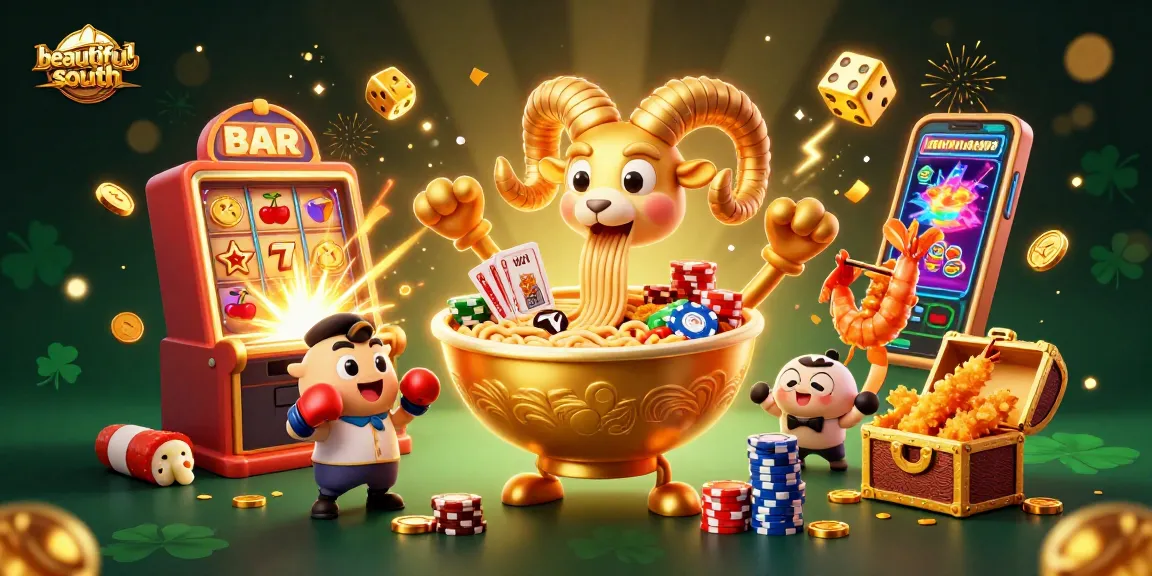 Engage with beautifulsouth at a vibrant casino scene featuring animated food characters and gaming elements.