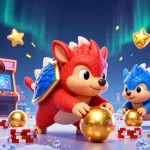 Engaging scene of Luck8's animated pangolins competing in a vibrant casino, rolling through poker chips.