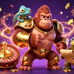 Witness the excitement of nk88 nhà cái with our vibrant 3D illustration showcasing a powerful gorilla king and dynamic games.