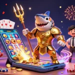 Experience the thrill at NK88 with a vibrant casino scene featuring a cartoon shark and gamers
