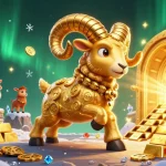 vin88 brings luck with a massive golden ram charging through a treasure-filled gateway in a dynamic casino scene.