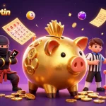 Experience thrilling gameplay with nhacaibetuytin as a golden piggy bank sumo wrestler clashes with a wallet ninja in a vibrant casino setting.