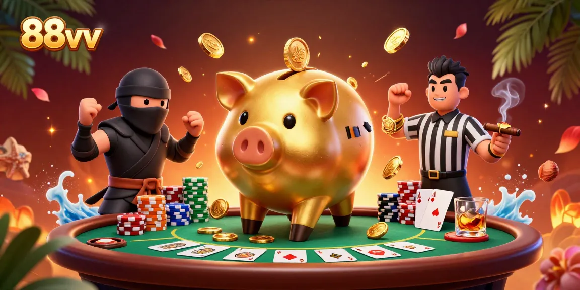 Experience the thrill of 88vv with animated casino characters at a poker table surrounded by vibrant gaming elements.