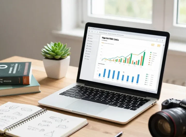 Professional analyzing high da pbn links data in a modern home office.